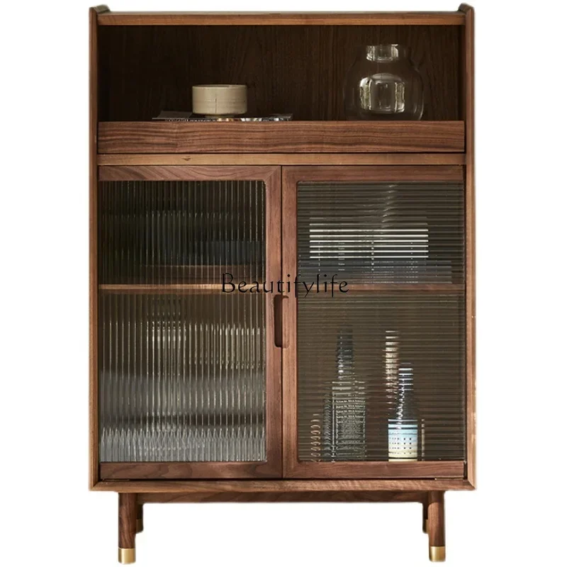 

Solid wood wine cabinet black walnut modern simple living room display glass storage side cabinet