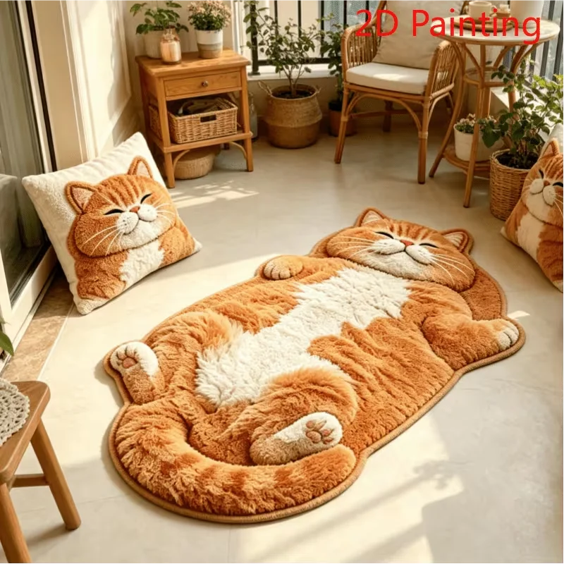 Lazy Orange Cat-shaped Rug Playful Atmosphere Creative Cartoon Home Decoration Carpet Soft Plush Bedroom Bedside Floor Mat