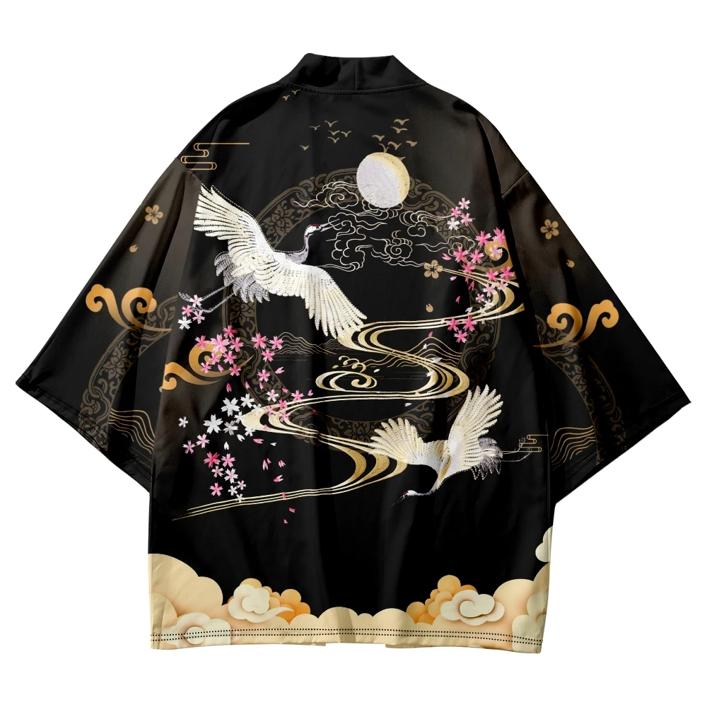 Harajuku موضة كرين مطبوعة ثوب الكيمونو الياباني التقليدي الشارع الشهير سترة سوداء رداء النساء الرجال Haori توب يوكاتا #2