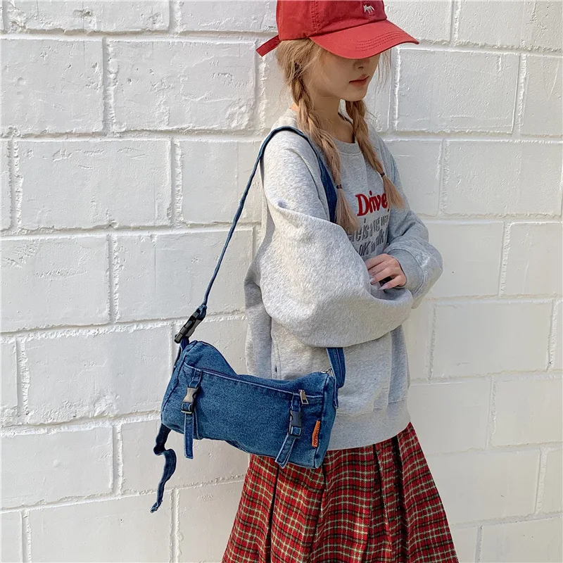 Cool Harajuku Style Denim Shoulder Bags for Women Simple Thread Design Ladies Crossbody Bag Travel Portable Female Tote Handbag