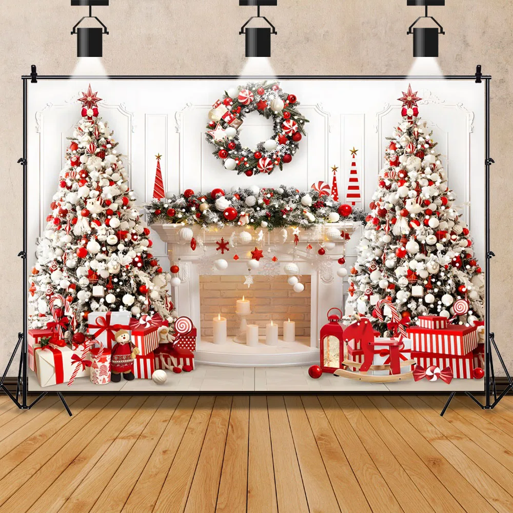 Winter Christmas Backdrop Fireplace Xmas Trees Gifts Family Portrait  Interior Photography Background Decor For Photo Studio