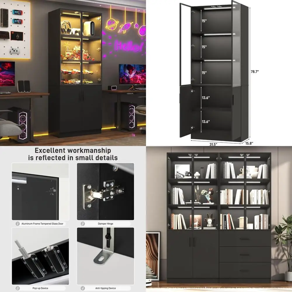 79 خزانة عرض طويلة مع ضوء مستشعر LED وأبواب زجاجية منبثقة، وخزانة تخزين حديثة لغرفة النوم، وغرفة المعيشة #1