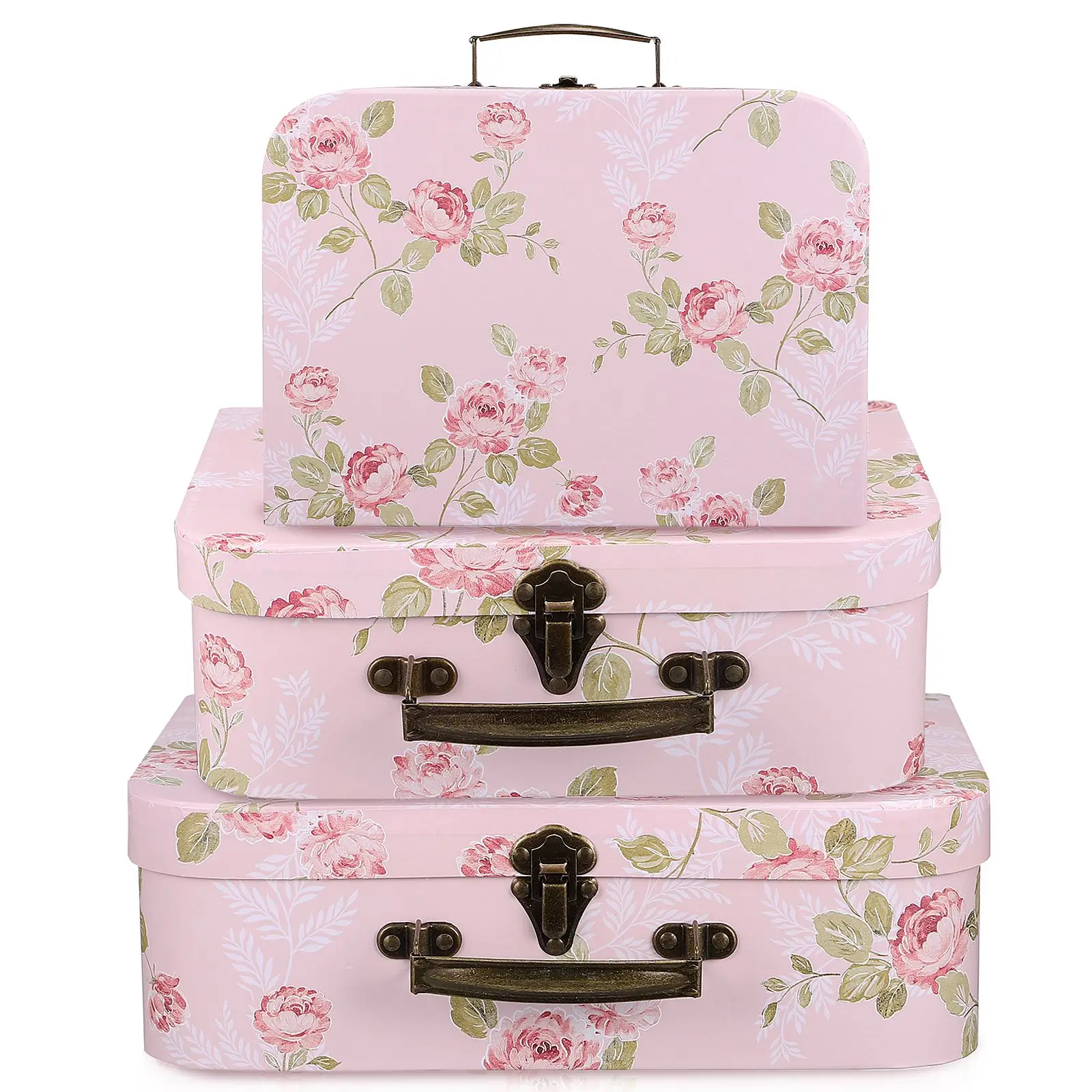 3Pcs Portable Gift Box Flower Print Paperboard Suitcase Floral Storage Box Mini Luggage Gift Box W/ Handle For Birthday Wedding