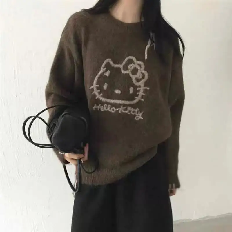 ホット秋冬新女性ファッションカジュアルセーターファッション漫画ハローキティジャカードラウンドネックルーズ多用途ニットセーター