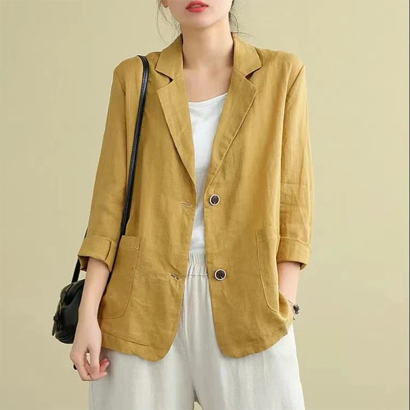 Primavera otoño algodón Lino suelto Casual Blazers mujer manga larga elegante moda cárdigan traje mujer todo-fósforo chaqueta de abrigo