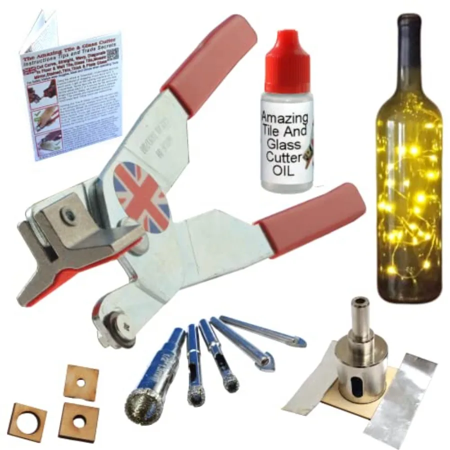 

Glass Cutter - Tool Kit for Glass - Hole Saw and Drill Bits for Lights and Bottle Block Crafts Make Bird Feeders Fix Broken Win