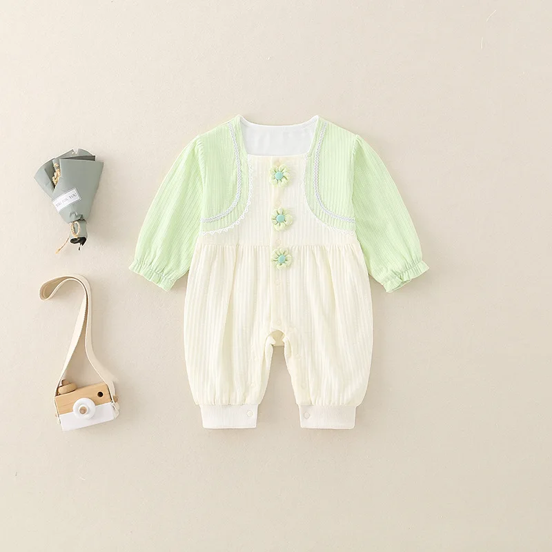 

Spring Autumn Toddler Girls Rompers Cartoon Applique Kids Baby Girls One-piece Jumpsuits Patchwork Newborn Girls Bodysuits