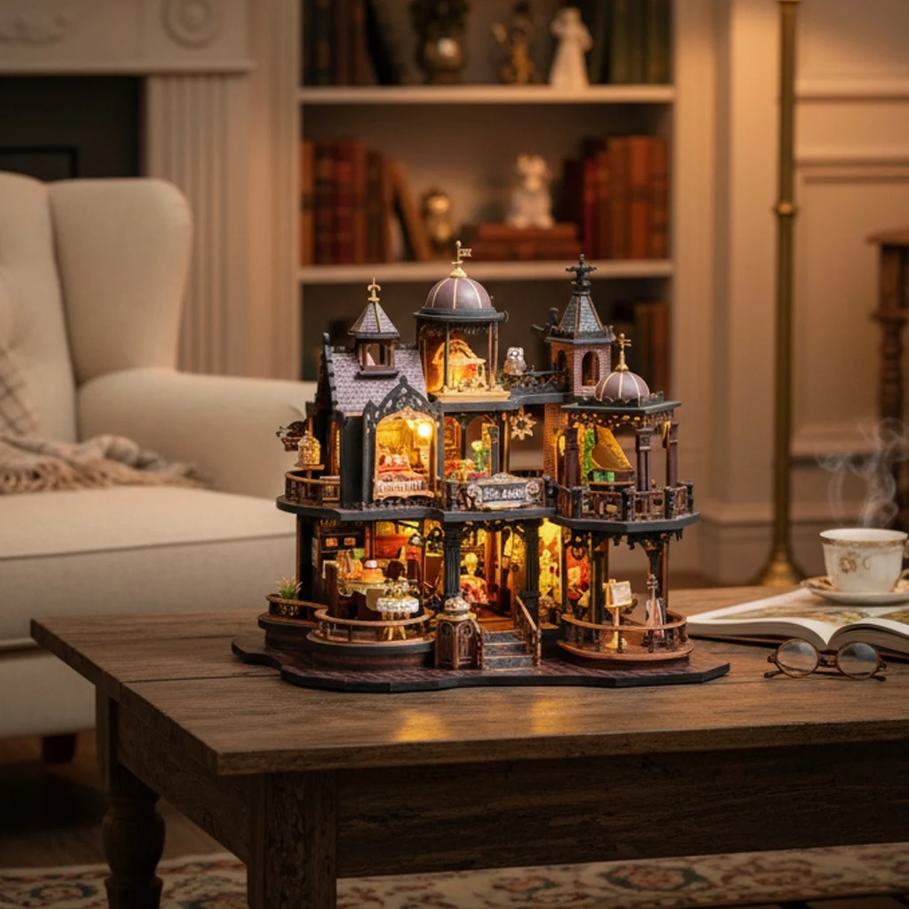 OUZEY 3D Medieval Castle Dollhouse DIY Kit - Scottish Style Wooden Model with Figurines, Bookshelf Decor Gift