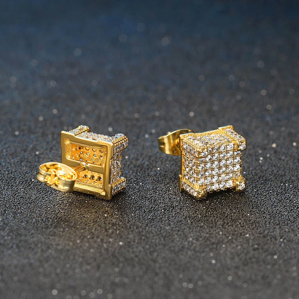 Luxury Stud Earrings For Women Iced Out AAA+ Cubic Zirconia Hip Hop Men Piercings Ear Ring Gold Color Jewellery Wholesale OHE013
