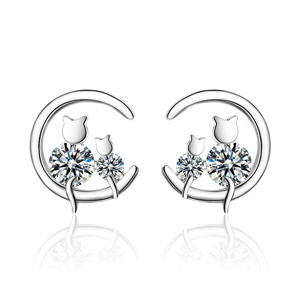 Real 925 Sterling Silver Moon Cat Moonstone Dazzling CZ Stud Earring For Women Wedding Fine S925 Jewelry Brincos de Prata DA2917