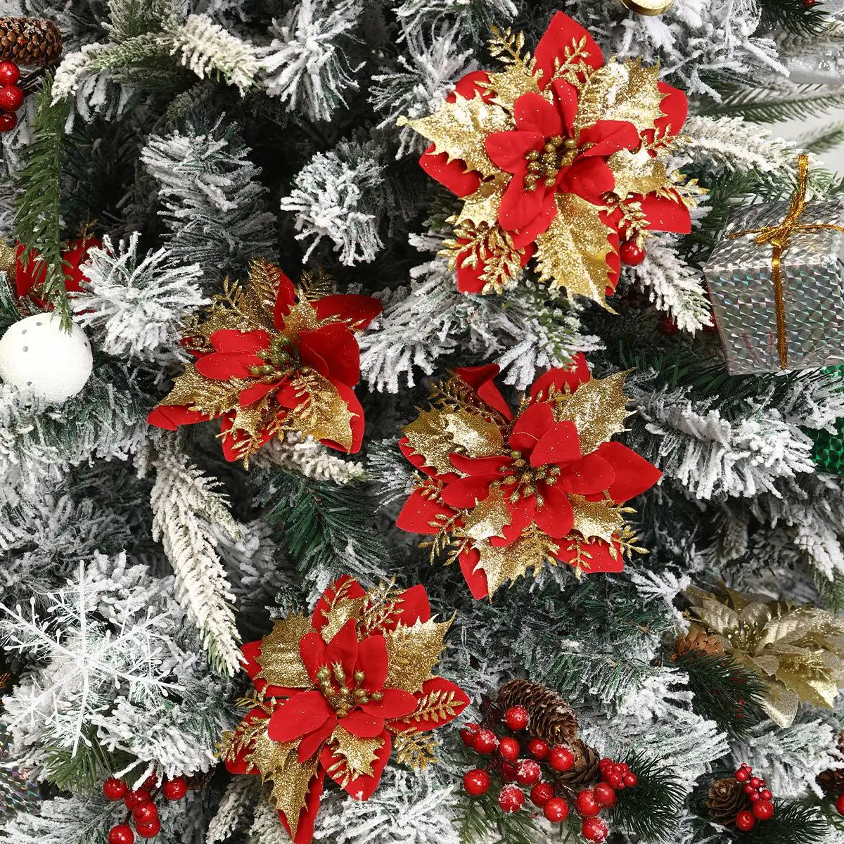 Weihnachts-Glitzerblumen, künstliche Blumen, Weihnachtsbaumschmuck für Zuhause, 2025, Baum-Anhänger, Ornamente, Navidad, Neujahr 2026, Geschenk – Detail 8
