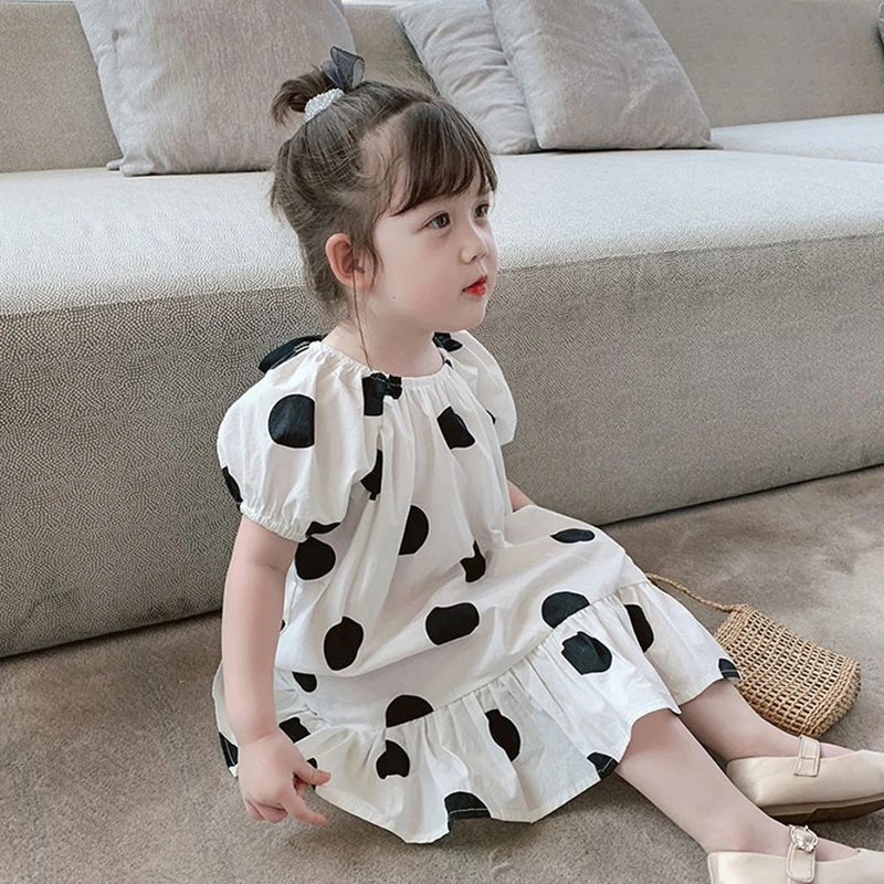 Girls Fashion Short Sleeve Polka Dot Dress Stylish Lantern Sleeve Dress for 1-7 Years Old Children Girls