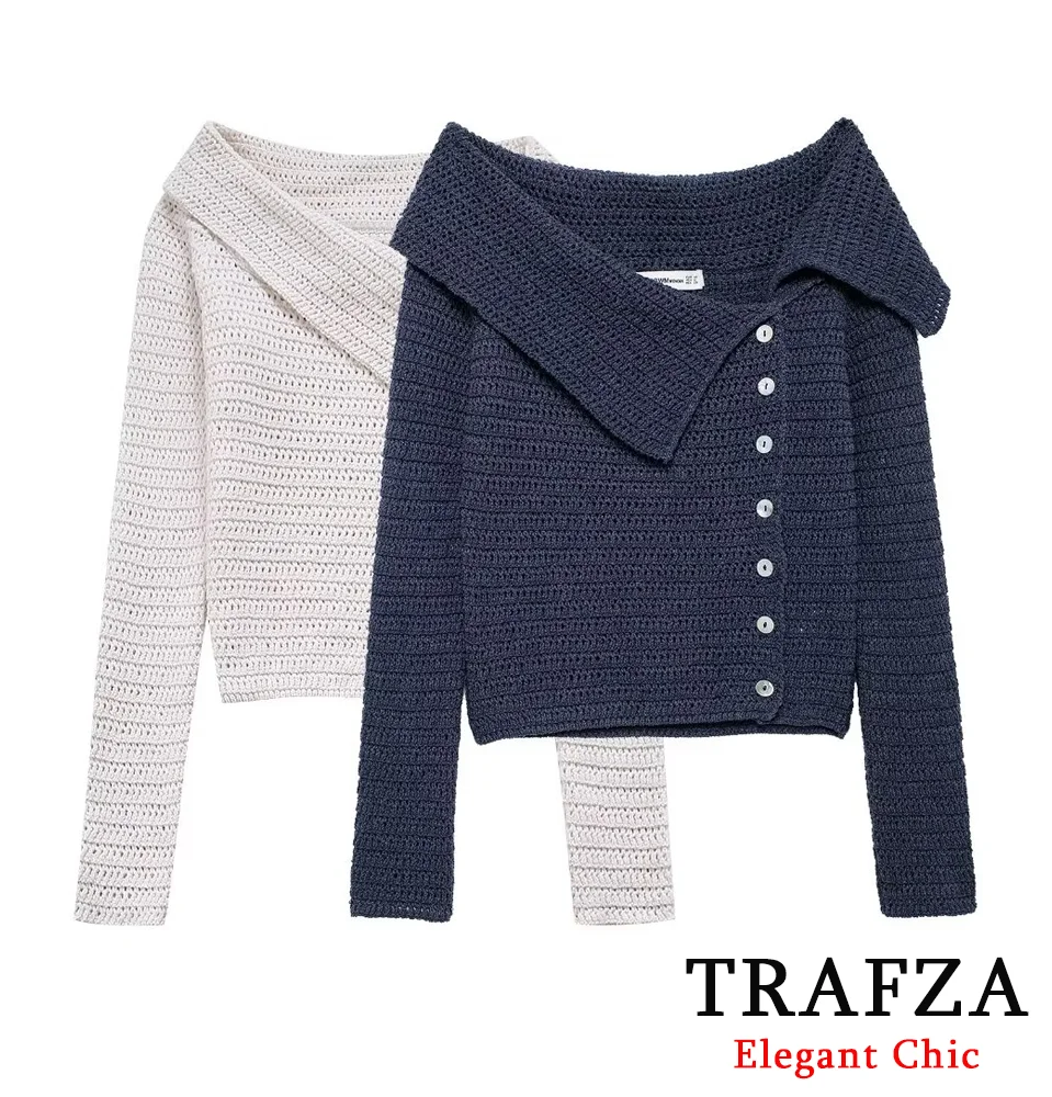 

TRAFZA Women's Autumn Asymmetric Lapel Knitted Top Long Sleeve Button Top New Fashion Vacation Casual Top