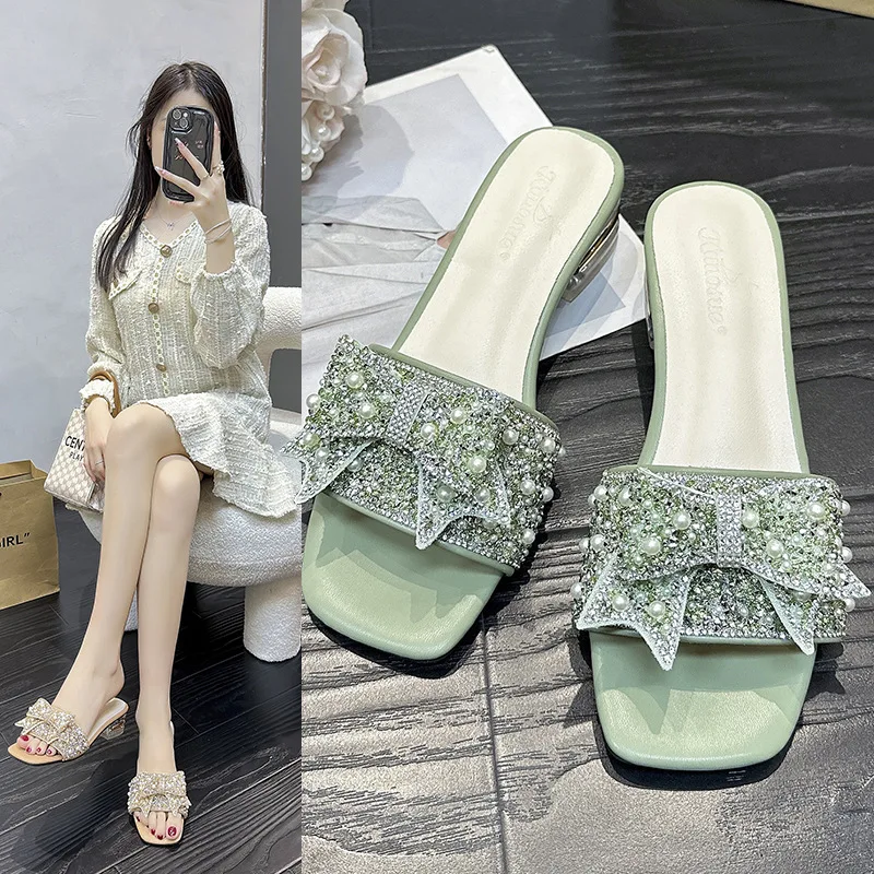 Summer Slippers Women Wear 2024 Spring New All-match Pearl Bow Open-toe Chunky Heel Fairy Sandals