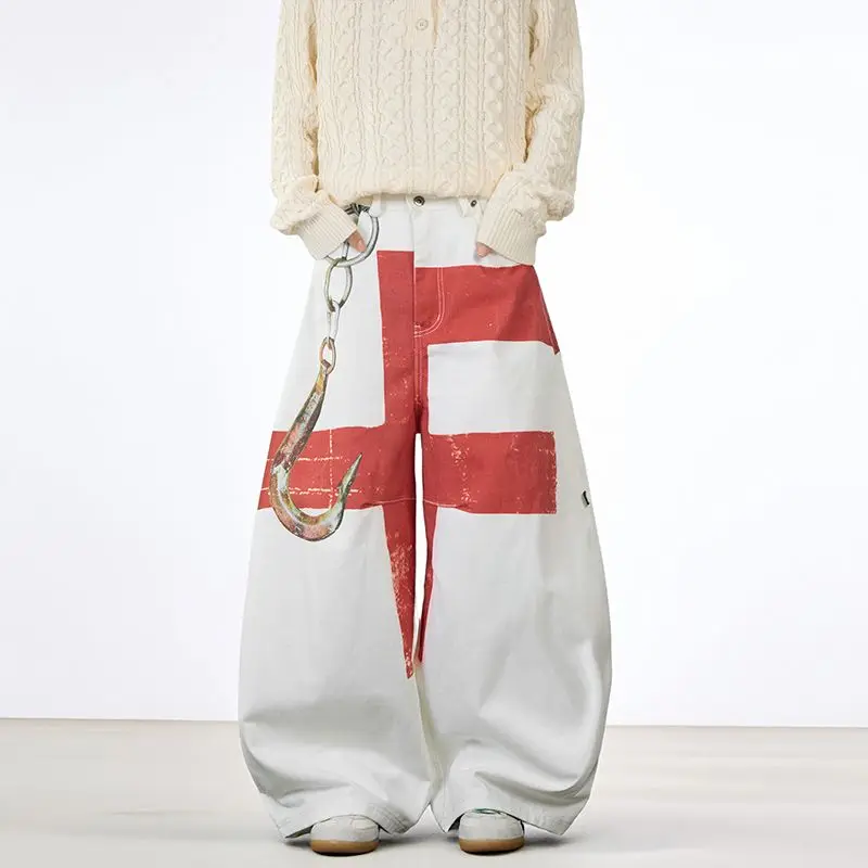 Retro New Hook Pattern Printed Splicing Women Jeans Fashionable High Street Harajuku Men and Women Loose Floor Pants