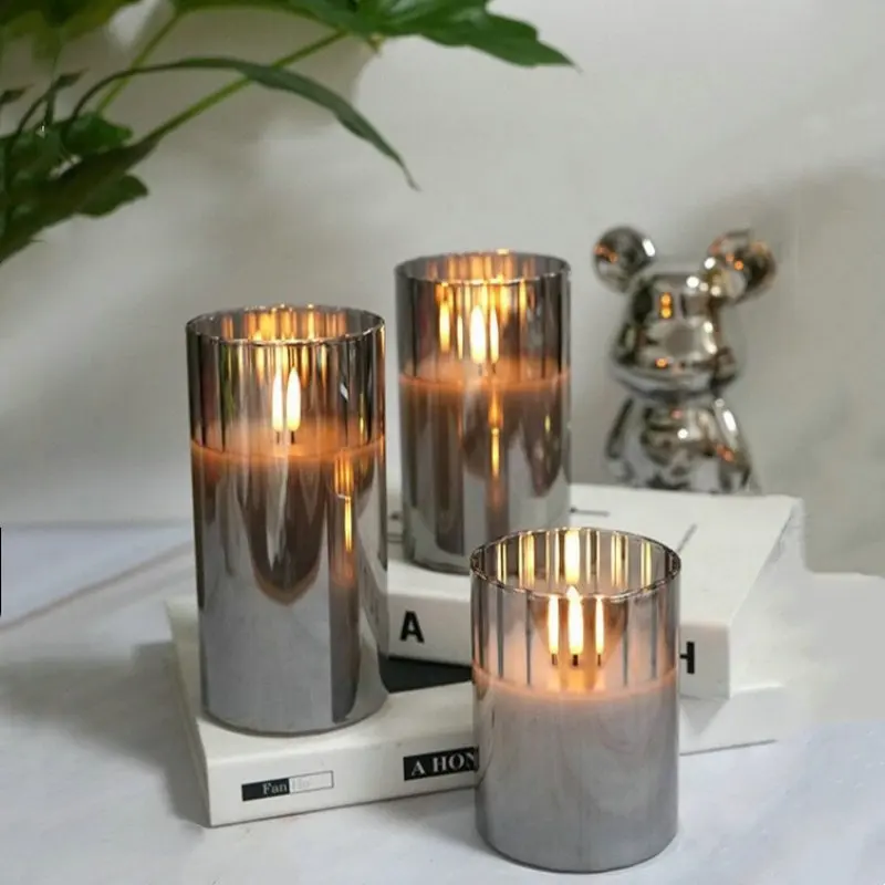 

USB Rechargeable Ribbed Glass Led Candle w/Remote control Paraffin Wax Flickering Pillar Striped Candles Party Table Decoration