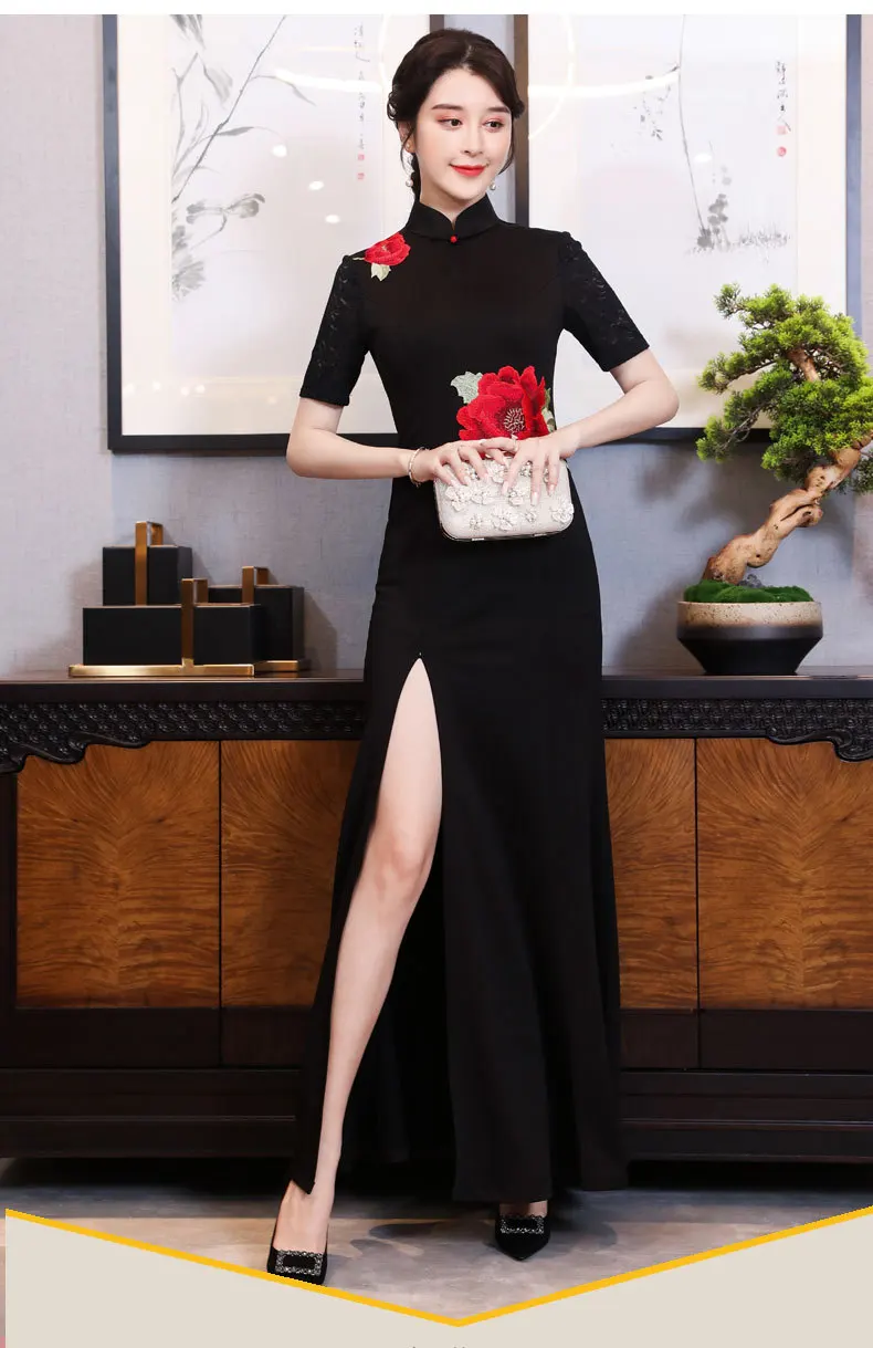 

Sexy Flower Embroidery Applique Hight Split Mermaid Cheongsam Retro Mandarin Collar Satin Qipao Chinese Women Evening Dress