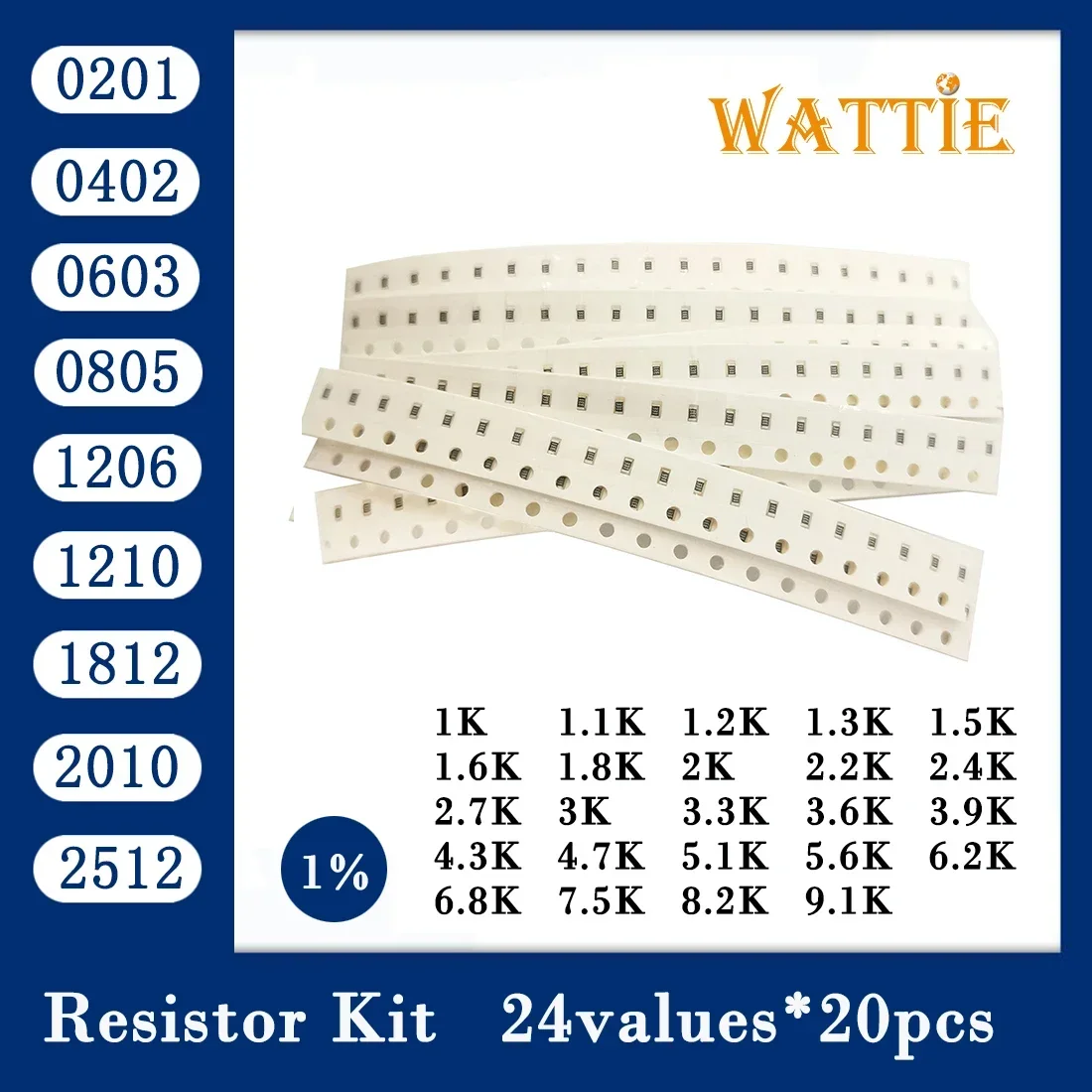 Kit de resistencias smd 0201, 0402, 0603, 0805, 1206, 1210, paquete de 25 valores x 20 Uds. = 1812 Uds., 2512 Kit de Muestra