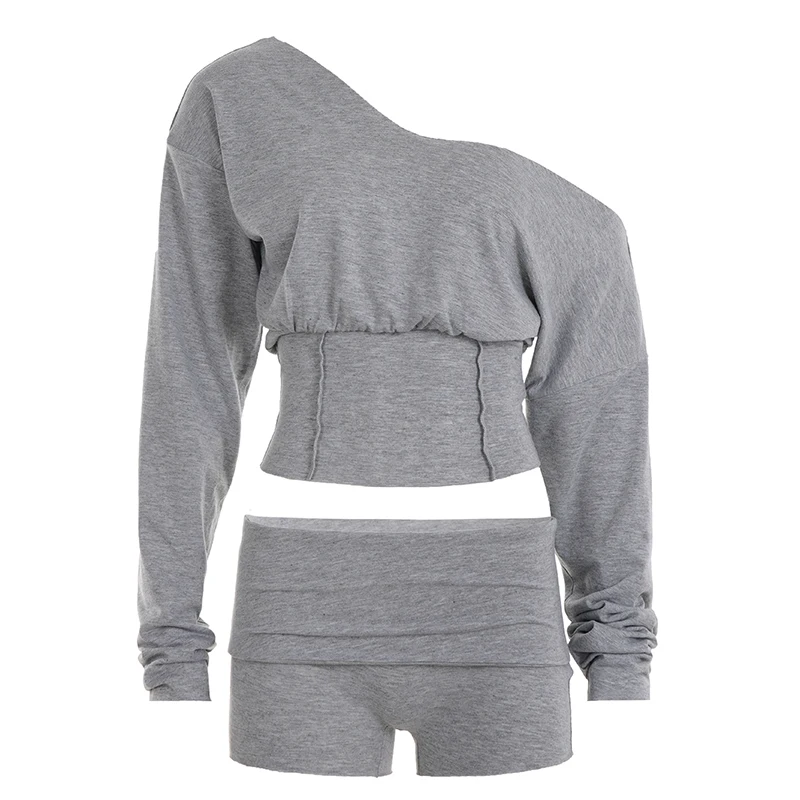 

[RUOKE] Casual Two Piece Set For Women One Shoulder Slim Fit Crop Top Shorts Outfit Spring Summer Sporty Loungewear Workout Set