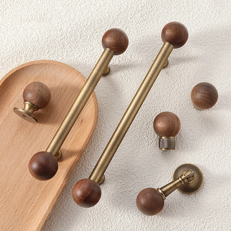 Luxury Brass Walnut Ball Furniture Pull Handles Long Bar Kitchen Wardrobe Cupboard Handles Retro Cabinet Door Drawer Knob Pulls
