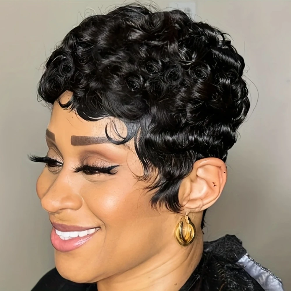 

Short Pixie Cut Curly Wave Human Hair Wig Remy Hair Human Hair Wigs With Bangs Wig Full Machine Made Wig
