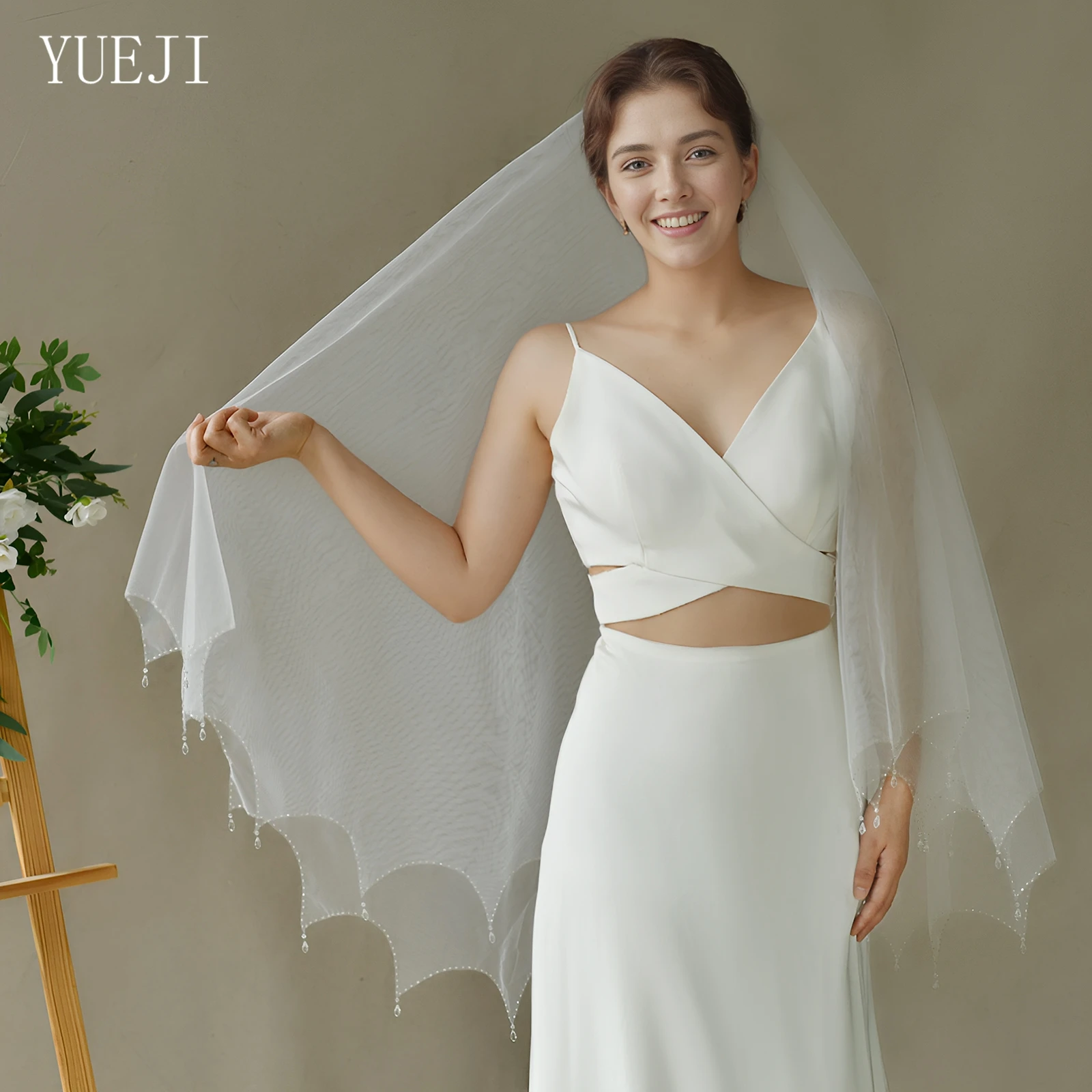 

YUEJI Fashionable Bridal Double Layer Wedding Veil Handmade Beaded Imitation Teardrop Crystal Veil V218