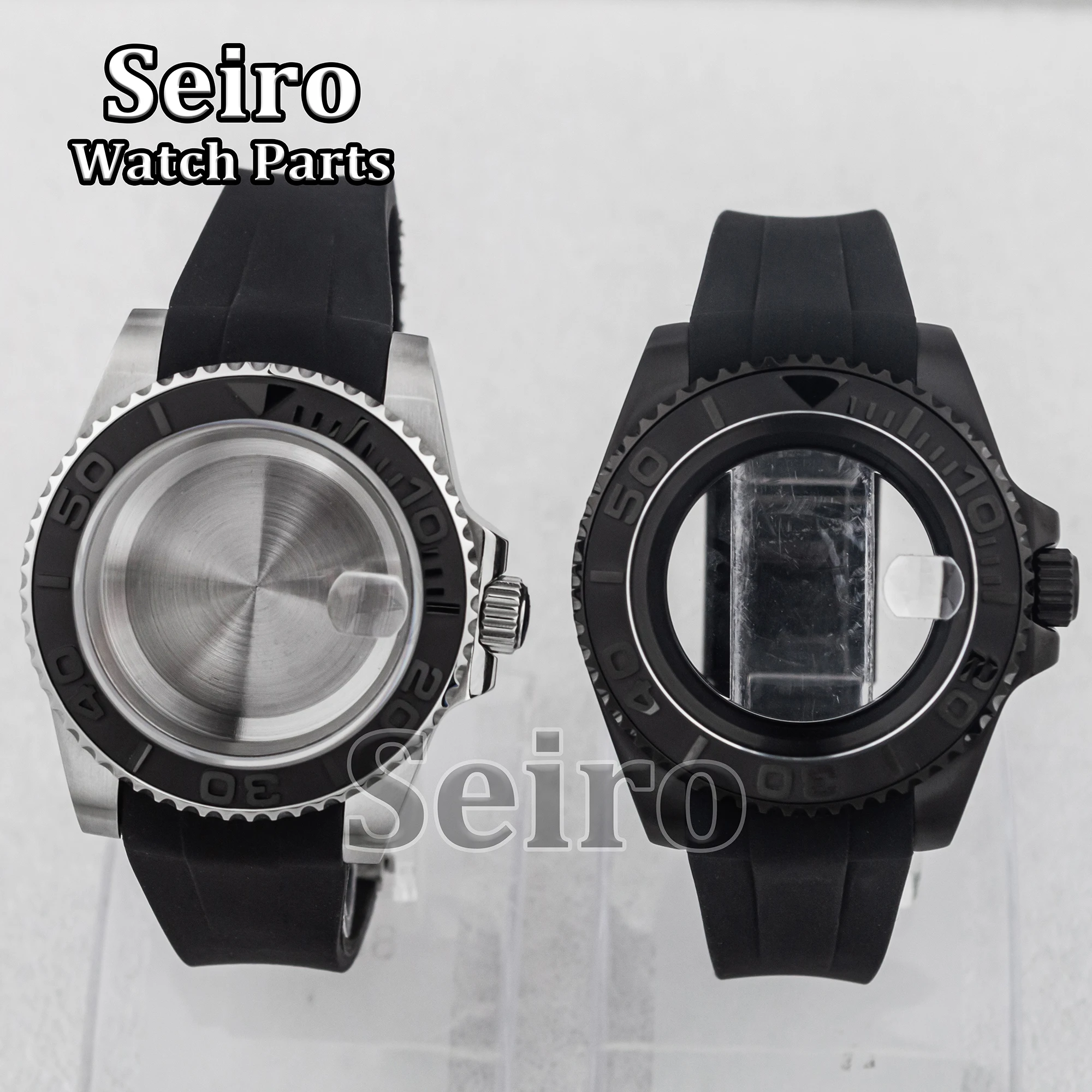 40MM NH35 Case Rubber Strap Sapphire Glass 10ATM Waterproof Silver PVD Black Watchcase for Yacht-master NH34 NH36 Movement