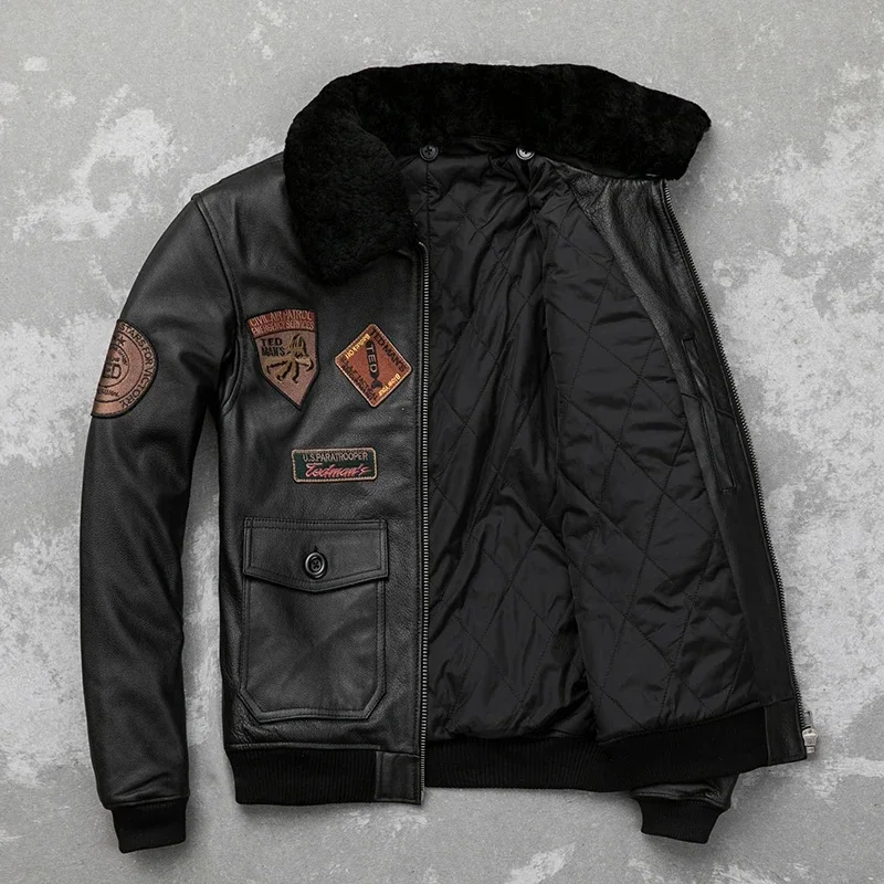 Detachable Natural Fur Collar Genuine Cowhide Men Leather Patches Flight Air Force Pilot Coat Winter Bomber Jacket