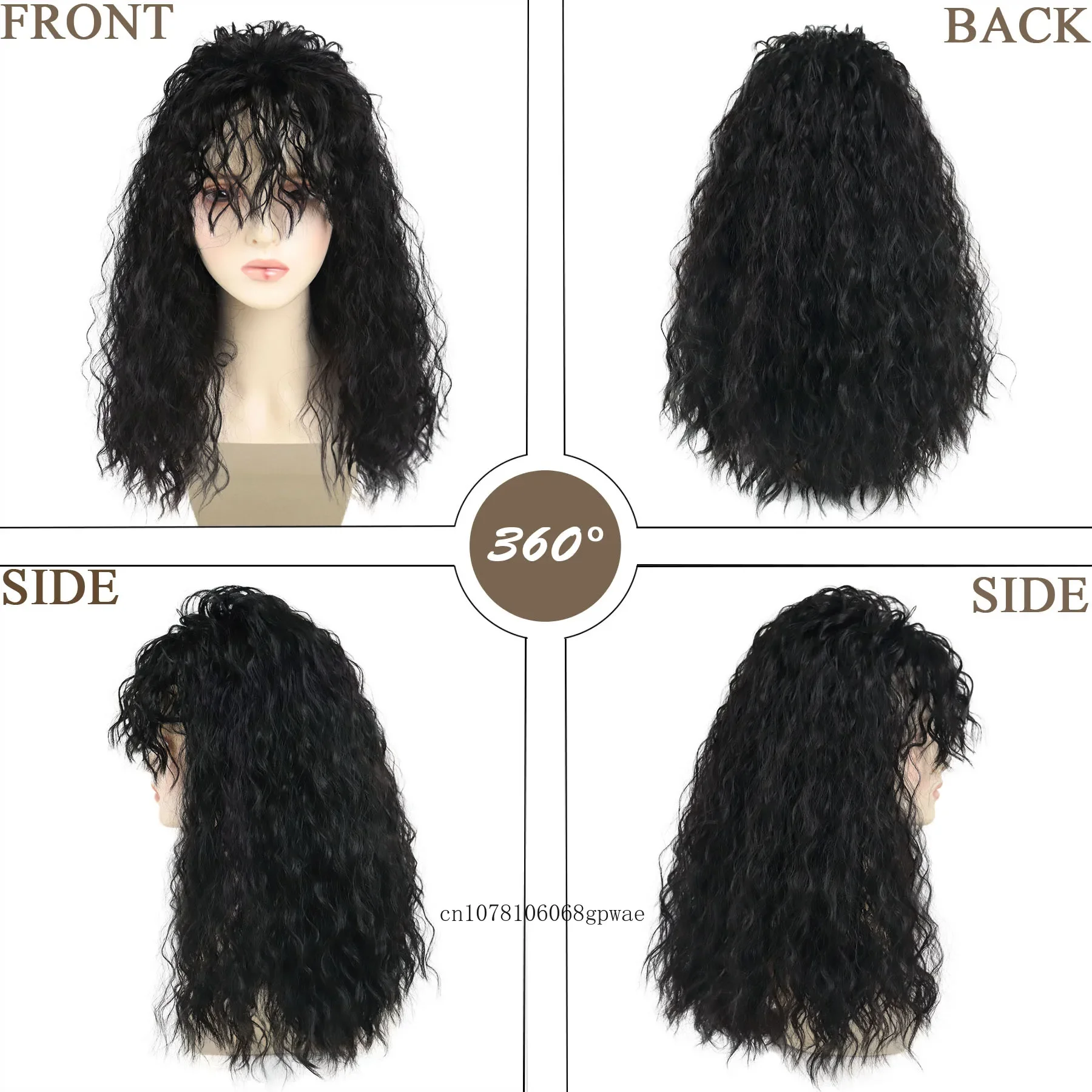 شعر مستعار اصطناعي رقيق مجعد مع الانفجارات للنساء 21 بوصة طويلة أسود متموج الباروكات الاستخدام اليومي حفلة تأثيري ارتفاع درجة الحرارة الألياف #3