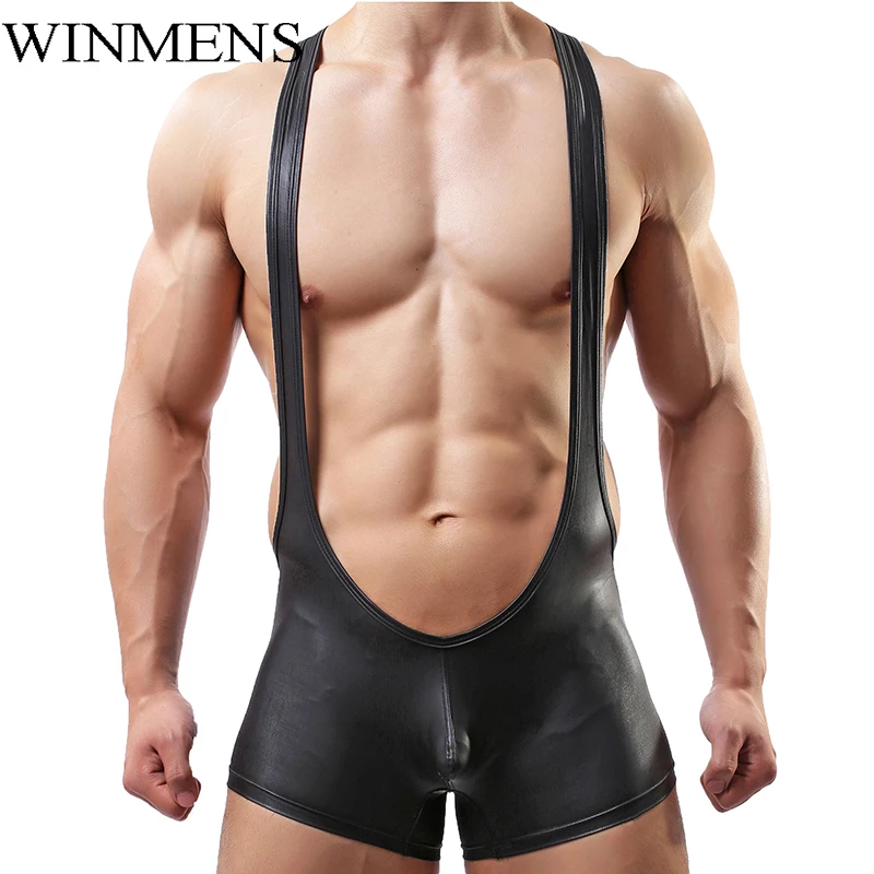 Patent leather Men's Black One-piece Underwear Adult Dance Funny Shoulder Strap Boxer Shorts Panties Stage Show Jumpsuit