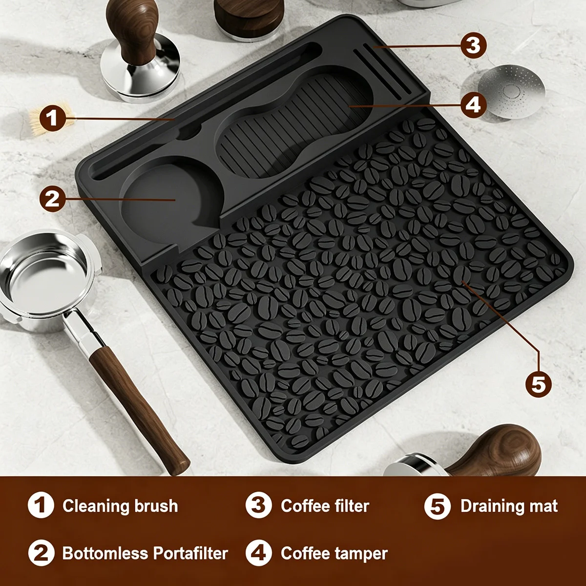 

E9 Espresso Tamping Mat, Professional Silicone Barista Station with Tool Slots, Compatible with Portafilters, Heat Resistant Mat
