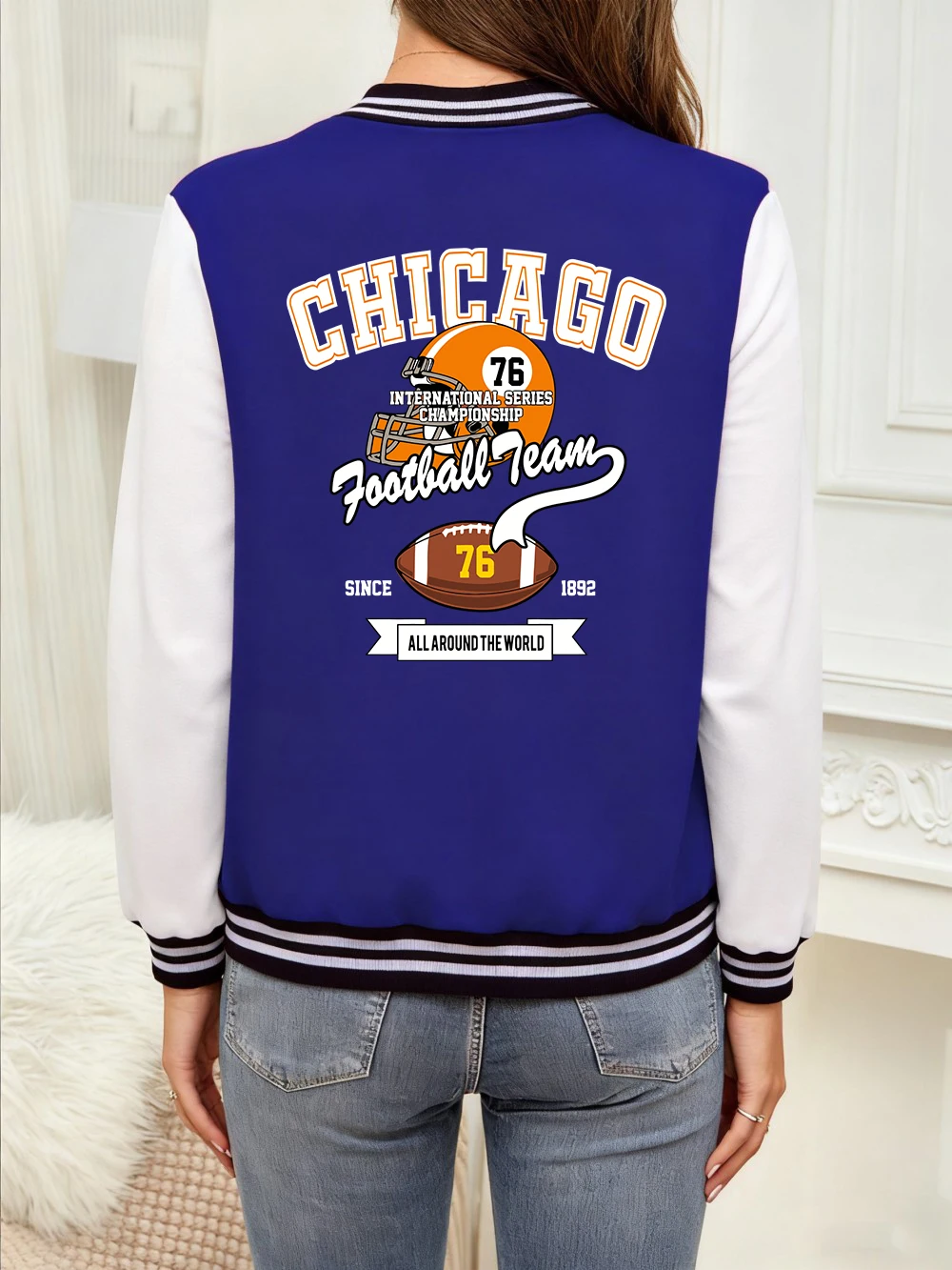 

Chicago Football Team Sport Letter Printing Baseball Coat Women Cotton Pocket Jackets Winter Warm Tops Basics Sporty Clothes