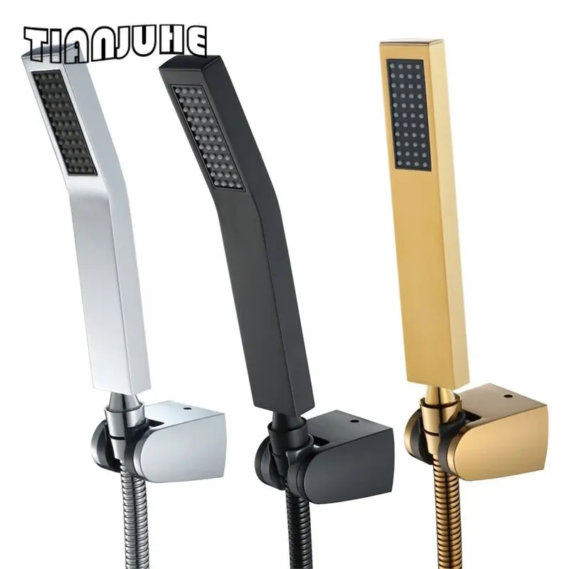 Hand-held Shower Head Set Brass Handheld Shower Wand with Wall Mount Adjustable Elbow Holder Modern Rectangle Hand Shower