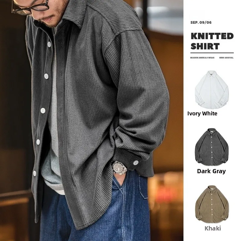 

Maden Workwear Japanese Retro Knitted Long Sve irt Loose Thiened Outerwear k ey oulder Drop Men's Casual irt