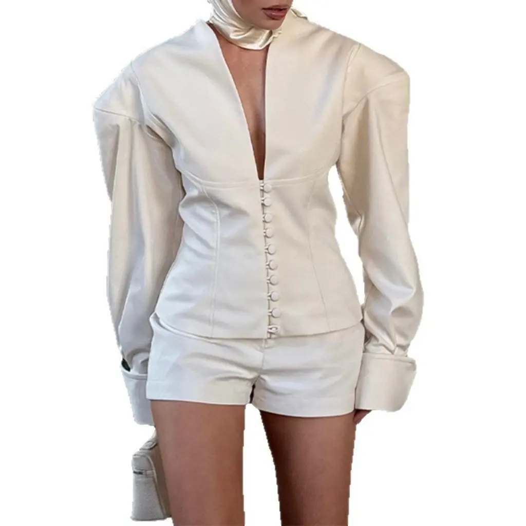 2025 New Elegant European and American Style Wide Shoulder Long Sleeve Pure Color Waist-Cinching Jacket Women's Top For Summer