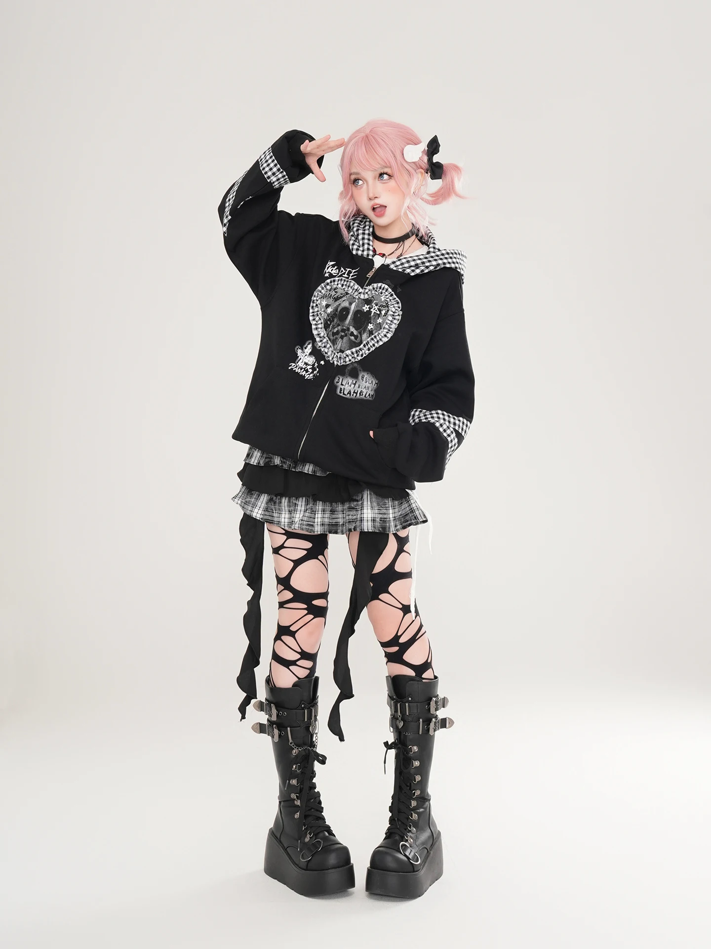 Japanese Subculture Sweet Cool Lace Plaid Rabbit Ear Hooded Graffiti Print Loose Versatile Casual Sweatshirt Jacket Women Autumn