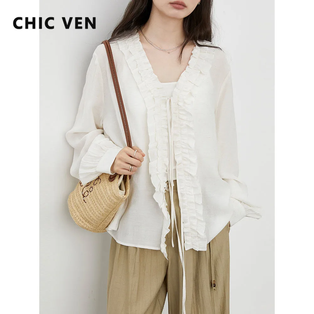 

CHIC VEN корейские женские рубашки корейские свободные однотонные блузки на шнуровке с v-образным вырезом и грибовидными краями женская одежда весна осень новинка 2025