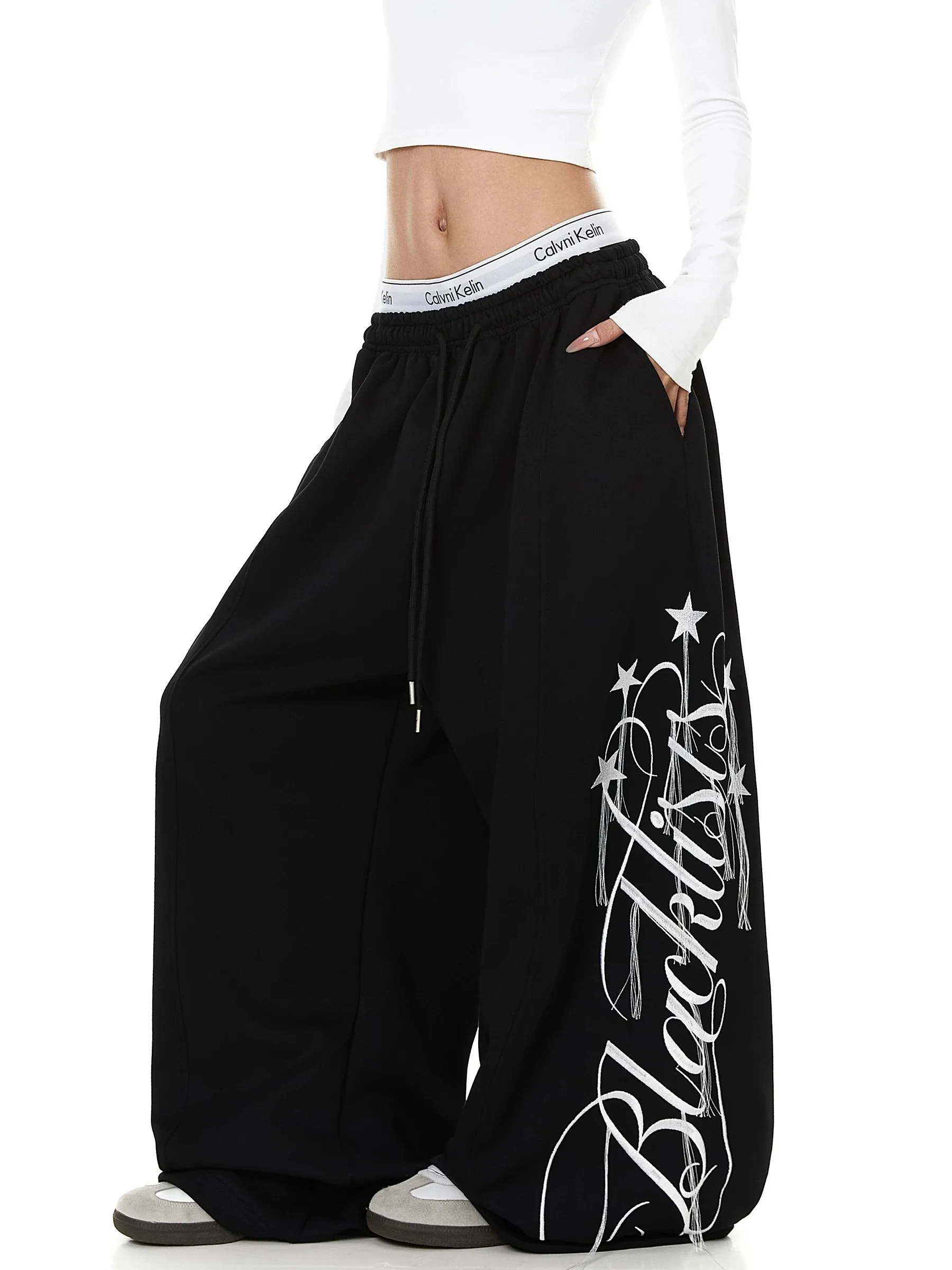 American Style Embroidered Letter Fringed Casual Pants Women's Loose Drapey Street Dance Wide Leg Pants Casual Harajuku Trousers