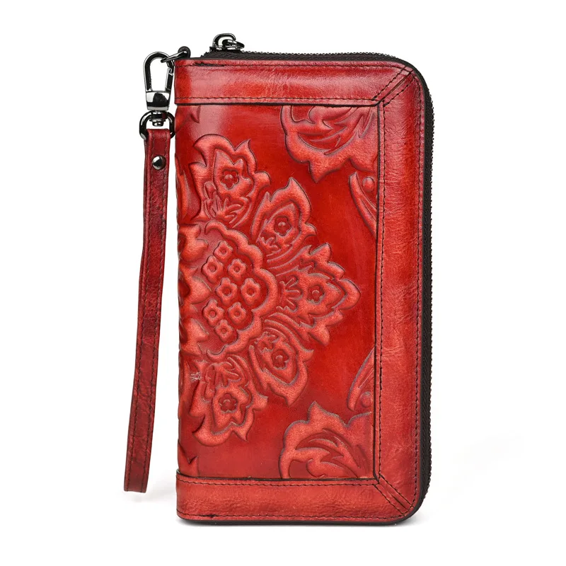 Floral Ladies Genuine Leather Purse Large Female Card Holder Wallet Woman Handmade Real  Cow Leather Clutch Bag