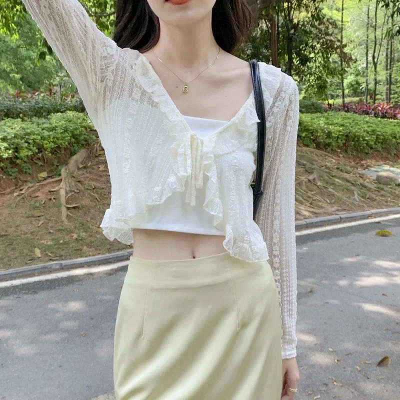 Women Summer Sun Protection Coat Lace Bow Ruffle Cardigan Shirt Female Blouse Tops for Woman Covers Blusa White Y2K Korean Shirt view 6