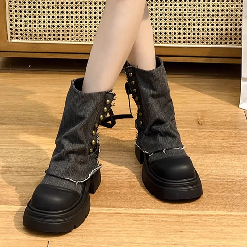 Lolita Boots Female Shoes Boots-Women Winter Footwear Ladies 2024 Mid-Calf Cowboy Autumn Rock Shoes Winter Boots Lady Boots-Wome