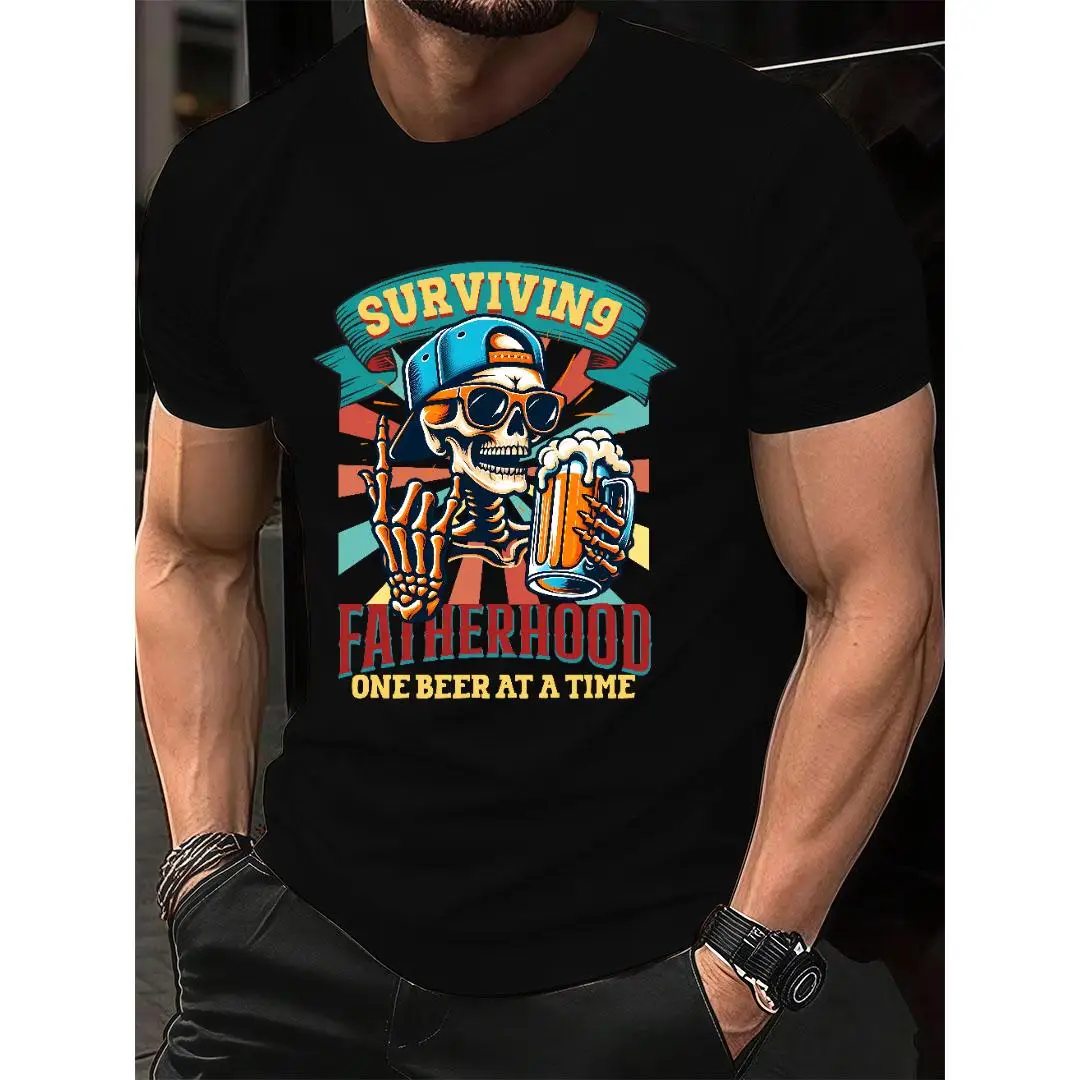 

Funny Skeleton Dad T-Shirt – Surviving Fatherhood One Beer at a Time, Men’s Beer Graphic Tee for Father’s Day, Gift for Husband