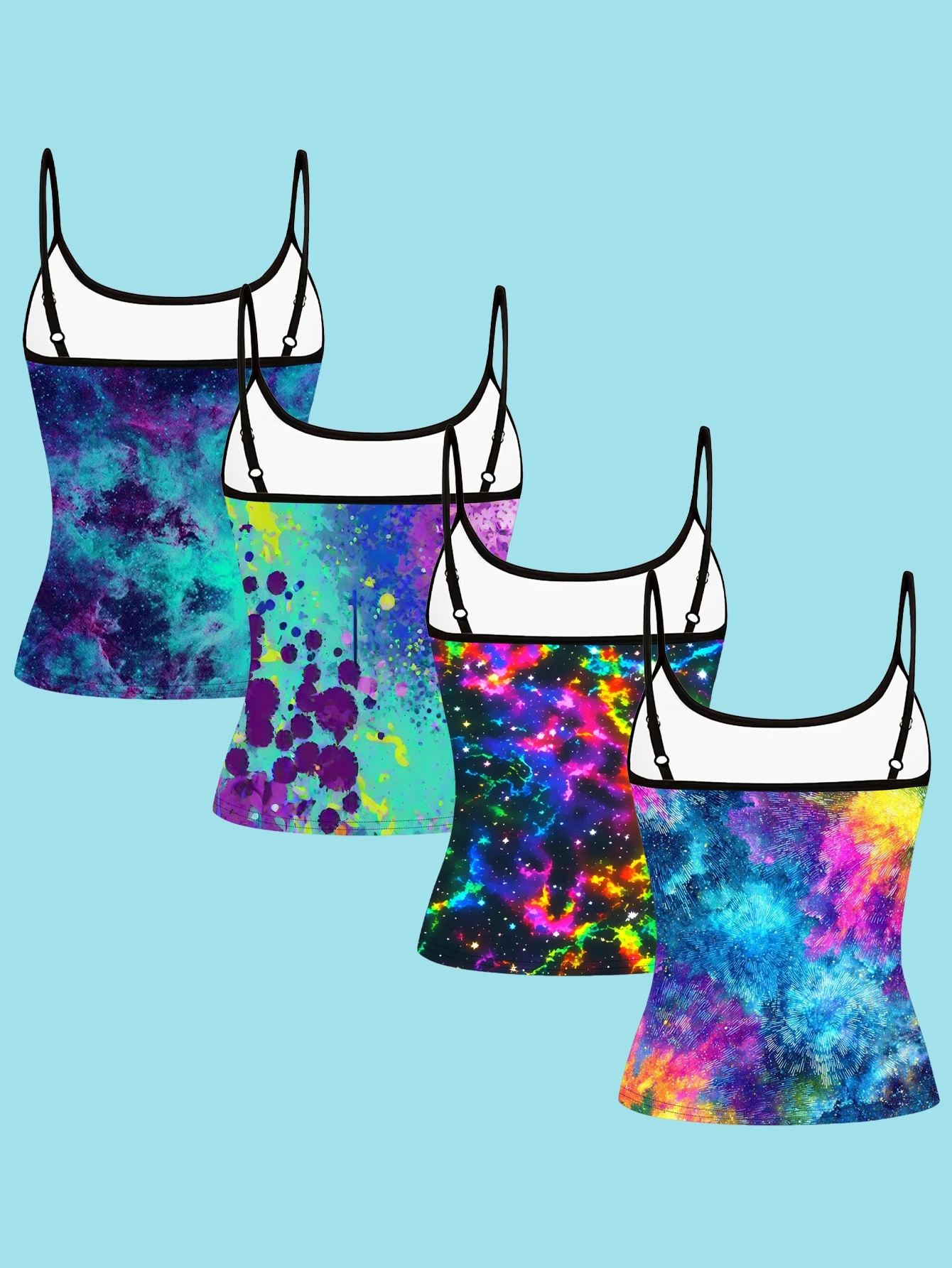 4-Piece Set of Women's Artistic Graffiti Nebula Print Camisoles, Iridescent Splash Ink Rainbow Lightning Slim-Fit Spaghetti Strap Inner Tops