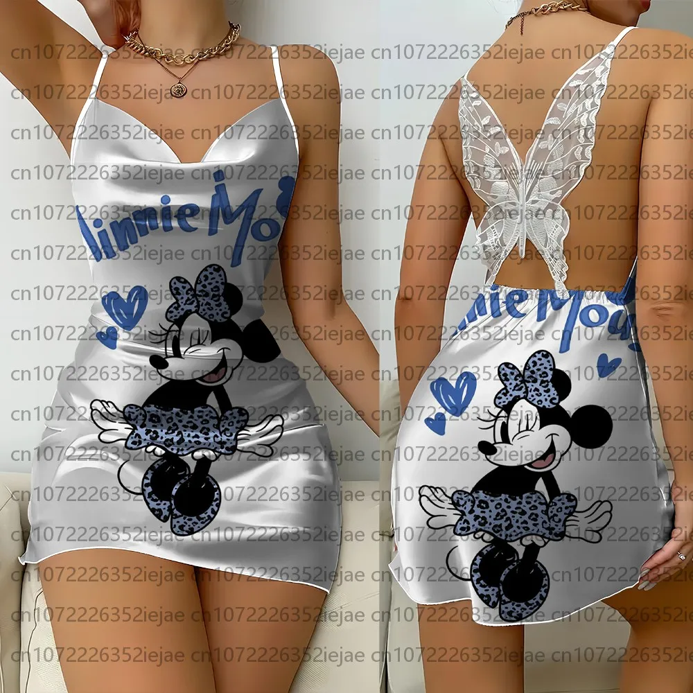 

Women's Home Wear Birthday Gift Dress Disney Mickey and Minnie Print Lace Backless Nightgown Luxury Slip-on Pajama Dress