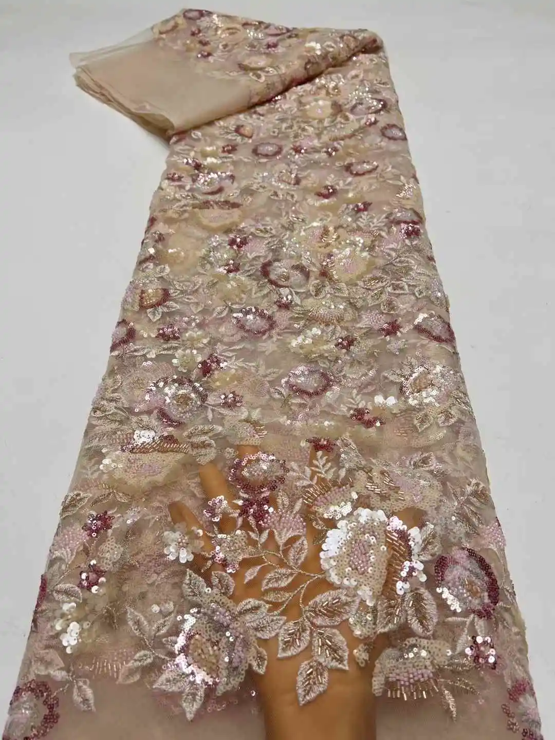 African Beaded Lace Fabric 2025 High Quality Mesh Lace Embroidered French Sequins Fabric For Sewing Evening Dress Women HX85KM21