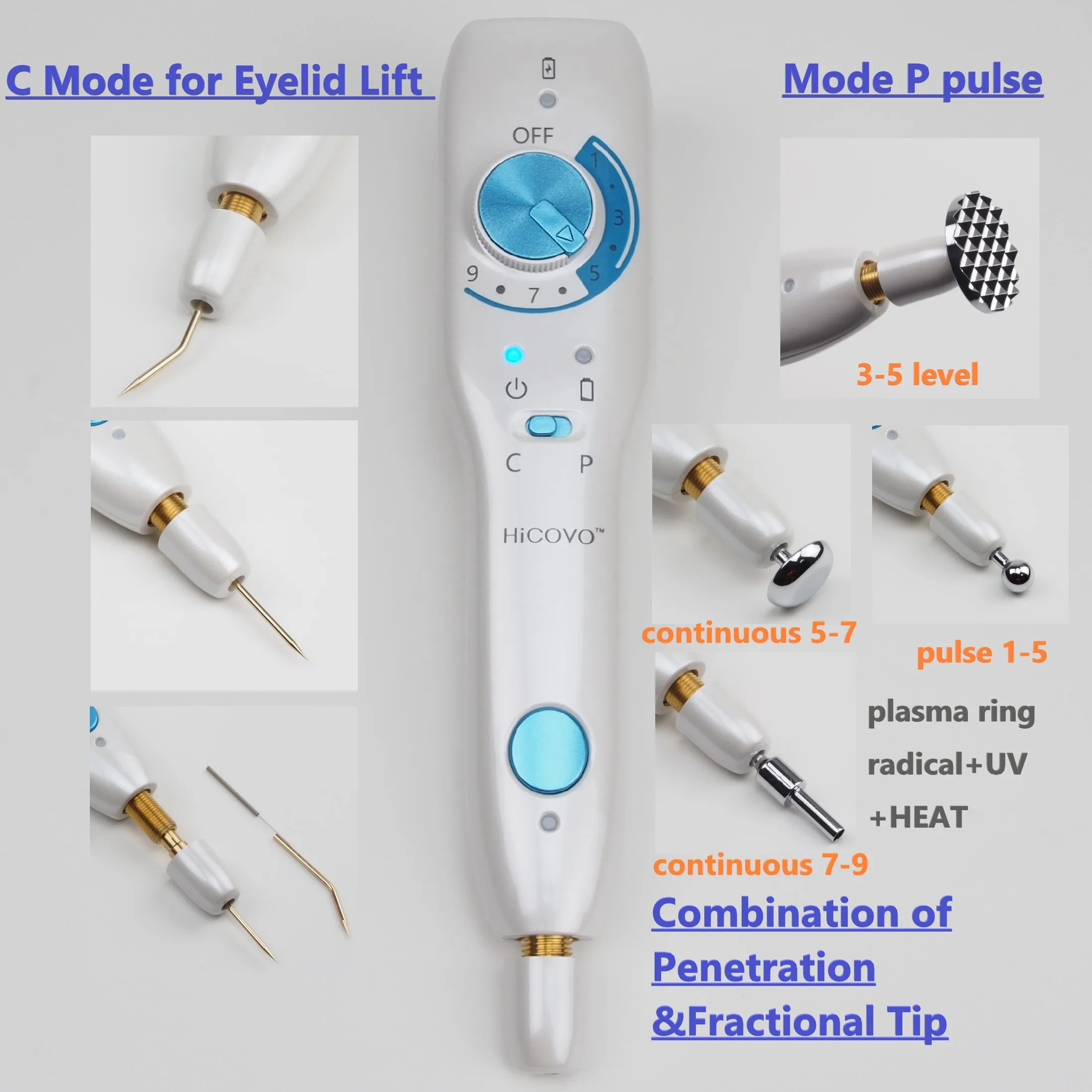 Hicovo Plasma Pen 500Hz Pulse Cold Fibroblast Skin Tighten Quick Charge Wireless Eyelid Lift Acne Treatment Machine