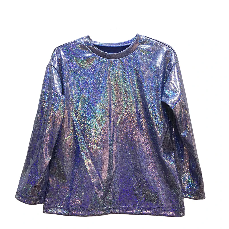 Adult Kids Clothing Hip Hop Jazz Dance Costumes for Kids Halloween Metallic Shiny T-shirt Sparkly Dance Tops Street Long sleeve