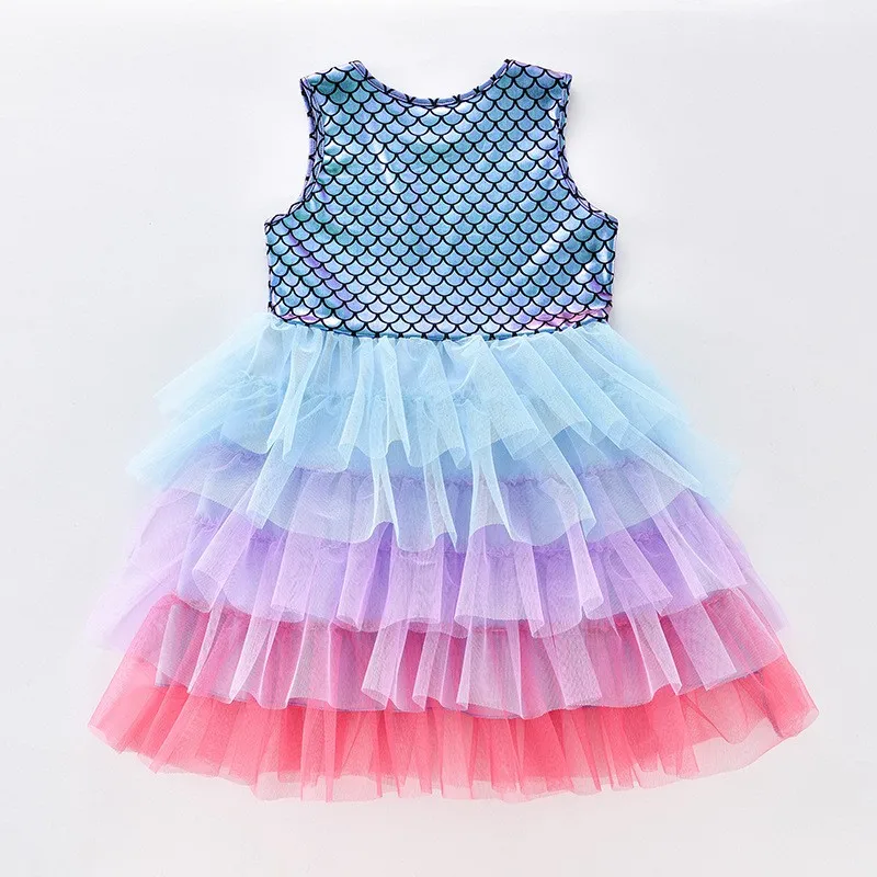 Kleinkind Mädchen Blau Lila Rosa Farbverlauf Mehrlagiges Tüllkleid Glänzende Pailletten Meerjungfrauenschuppen Ärmelloses Kleid Kinder Geburtstag Fotoshooting – Detail 2
