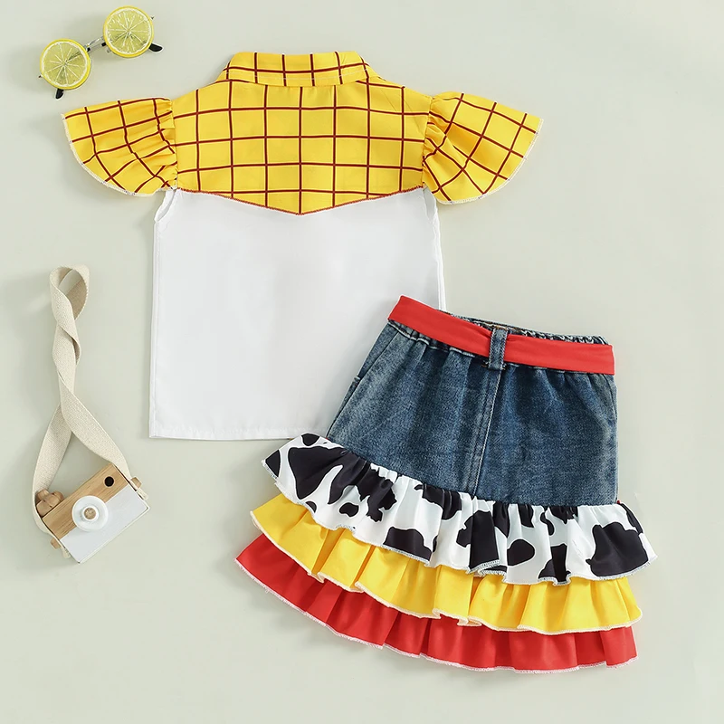 2024-05-11 Lioraitiin Girls Summer Outfits Plaid Print Fly Sleeve Shirts Cow Pattern Ruffles Patchwork Denim Skirt Headband  Set