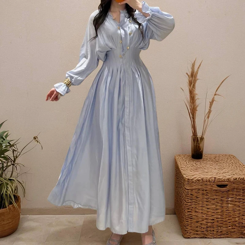 

Fashion Solid Color Fit Banquet Dress Lady Long Sleeve High Waist Party A-line Dress Elegant V-neck Single Breasted Shirts Dress